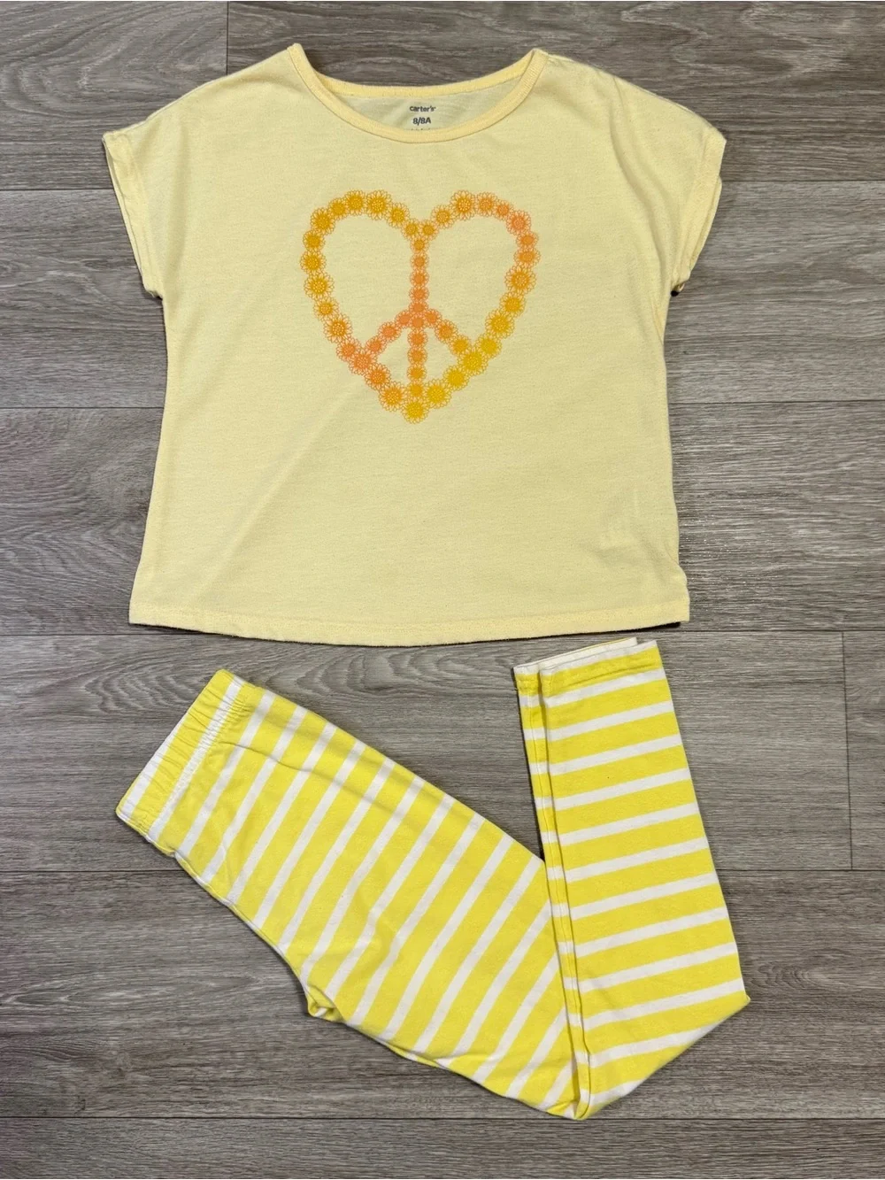 Carter's Girl Sz 8 2pc Set Yellow Short Sleeve Top And Leggings Heart Peace
